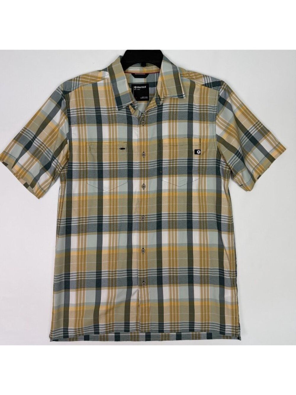 Marmot Mens Medium Short Sleeve Plaid Hiking Shirt Yellow Grey Button Front